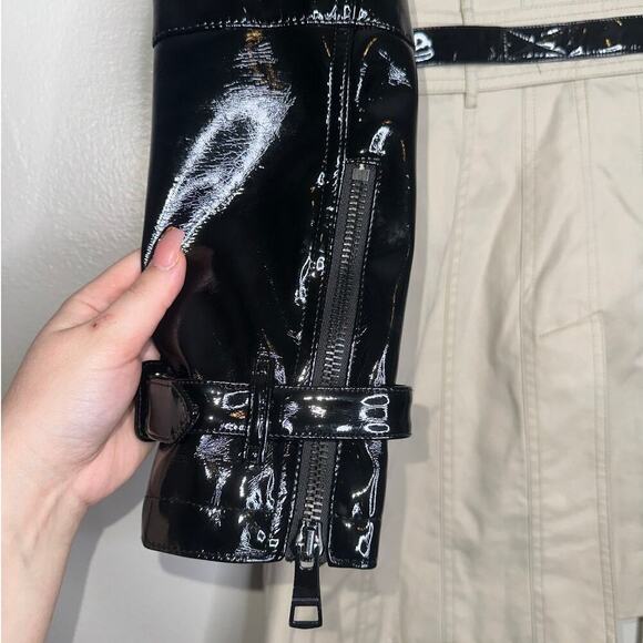 Burberry Patent Leather Sleeve Gabardine Trench Coat Black Tan US 4 - Picture 9 of 12